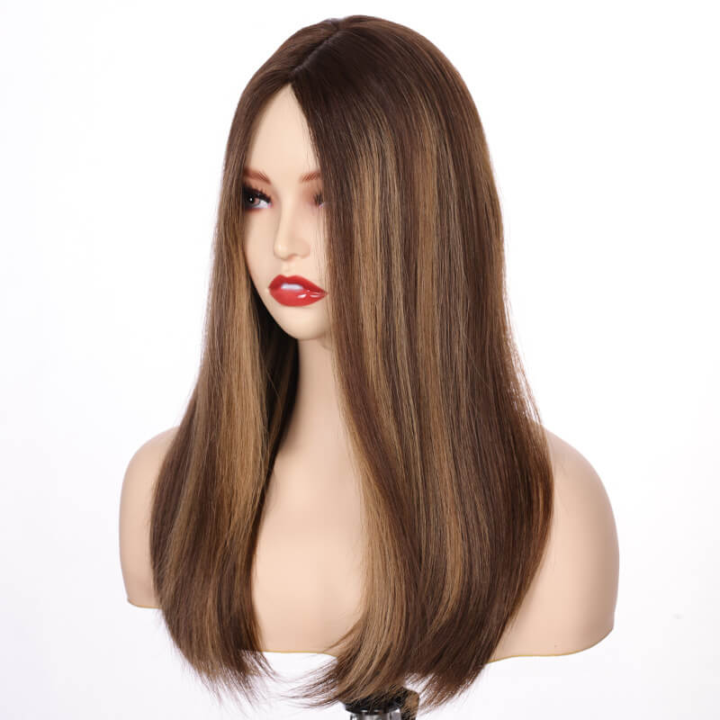 Highlight Ombre color Straight Virgin Human Hair silk top Jewish Wig For Women